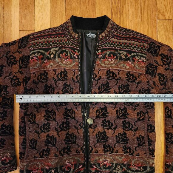 Icelandic Design Floral Fall Colors Wool Zip 90's Cardigan Sweater Jacket, Sz S - Picture 11 of 12